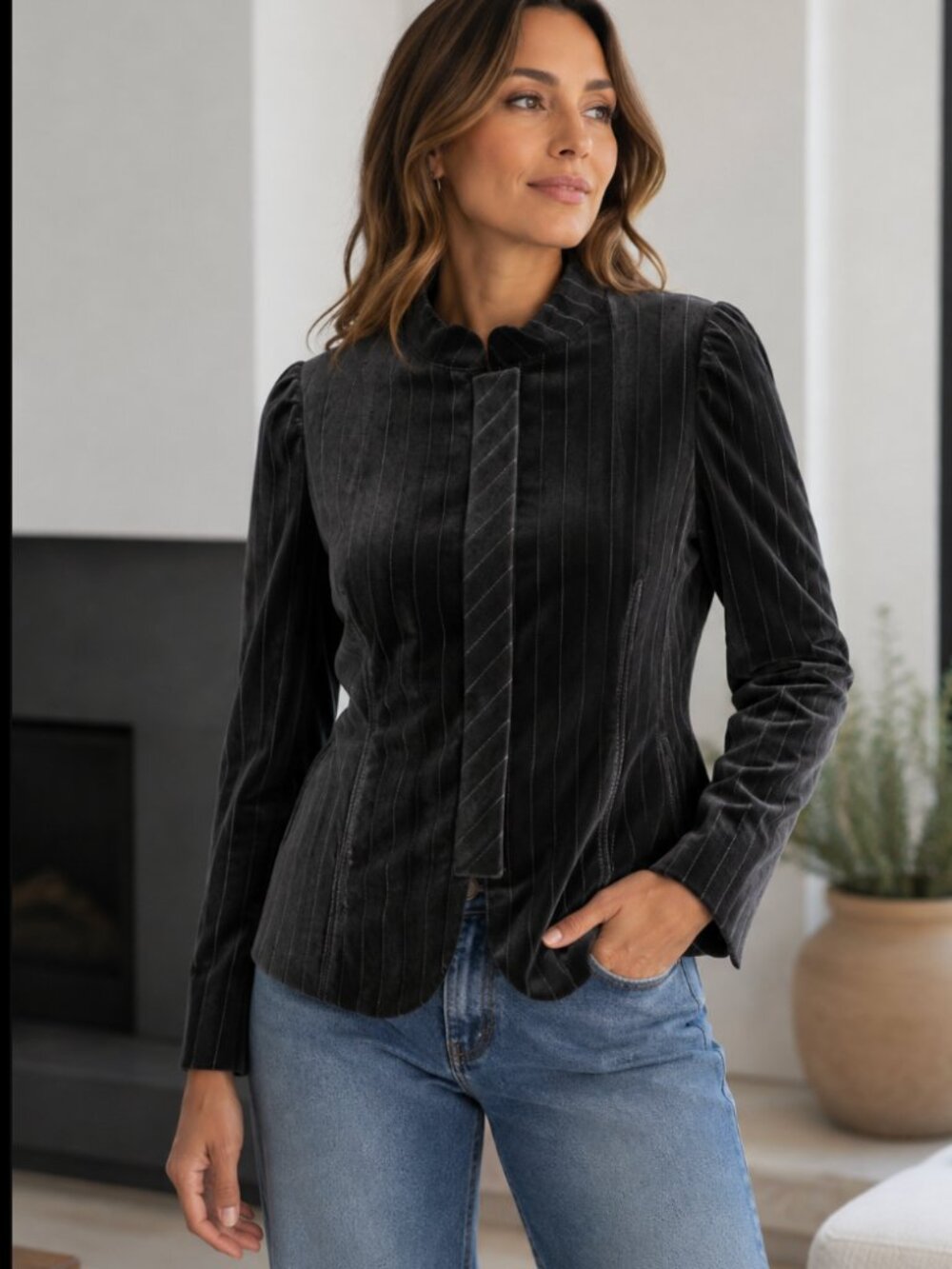 Ann Taylor Loft Women's Dark Gray Mock Neck Velvet Blazer Casual Sz 2 SMALL